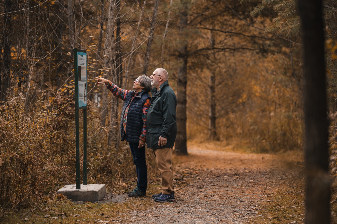 Couple se promenant dans des sentiers durant l'automne et la Flambée des couleurs Magog-Orford.