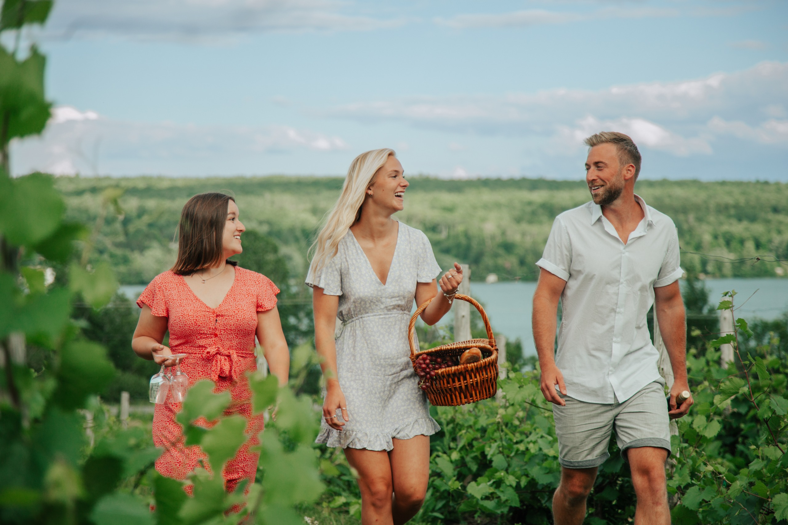 Trio d'amis marchand dans l'un des champs du vignoble Le Cep d'Argent